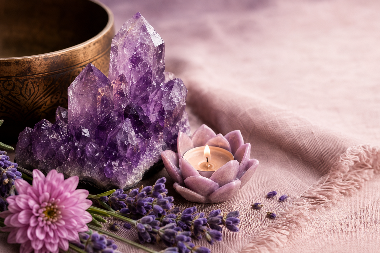 Amatistas, lavanda y una vela en forma de loto